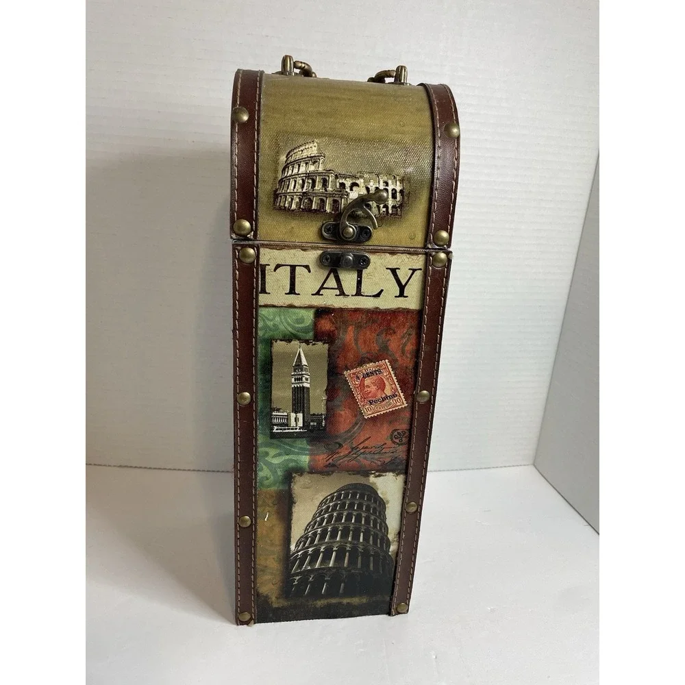 Wine Box Carrier Case Tote Italy Home Decor Leather Edges Postcard Paris Design